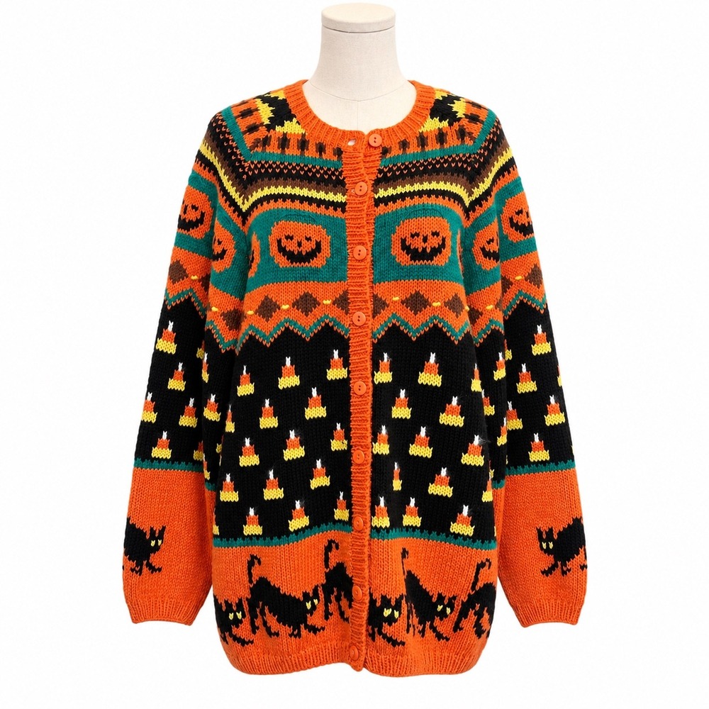 Vtg Lauren Hansen Hand Knit Halloween Cardigan M Sweater Black Cat Pumpkin Boo